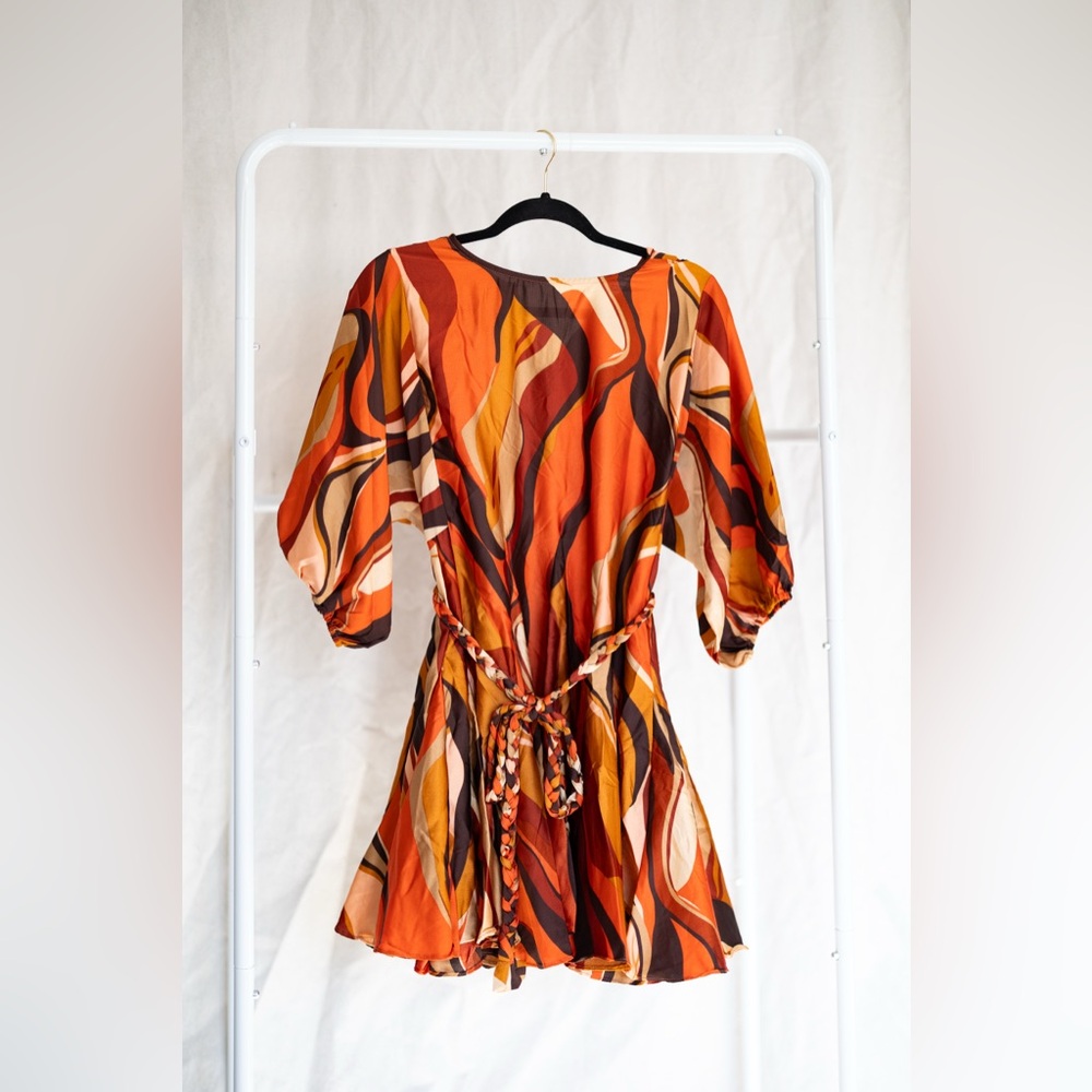NWT Vibrant Red and Orange Long Sleeve Mini Dress with Braided Belt